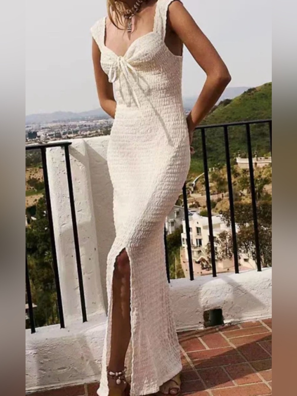 Elegant White Textured Maxi Dress with Front Slit